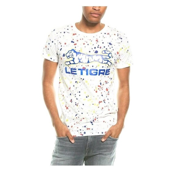 Le Tigre Men's Allover Paint Splatter Blast White Tee T-Shirt - Picture 2 of 3